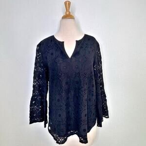 Finley Womens Lace Blouse Size S Black‎ Bell Sleeve Boho Chic Romantic Peasant